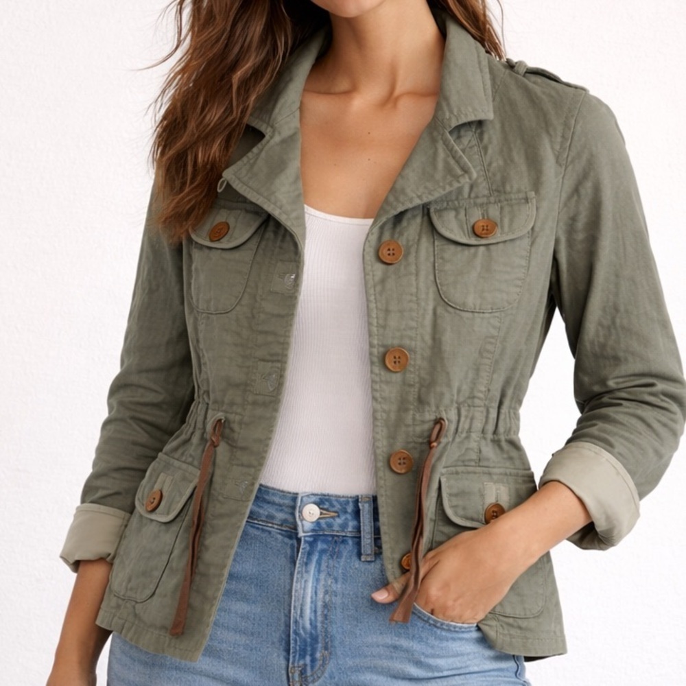 Banana Republic Heritage Olive Green Utility Safari Crinkle Jacket Silk Trim XS